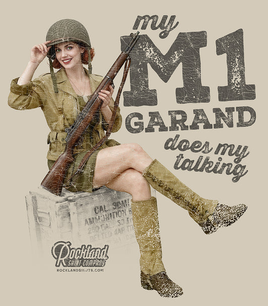 Woman in military uniform holding an M1 Garand rifle with text on a beige background